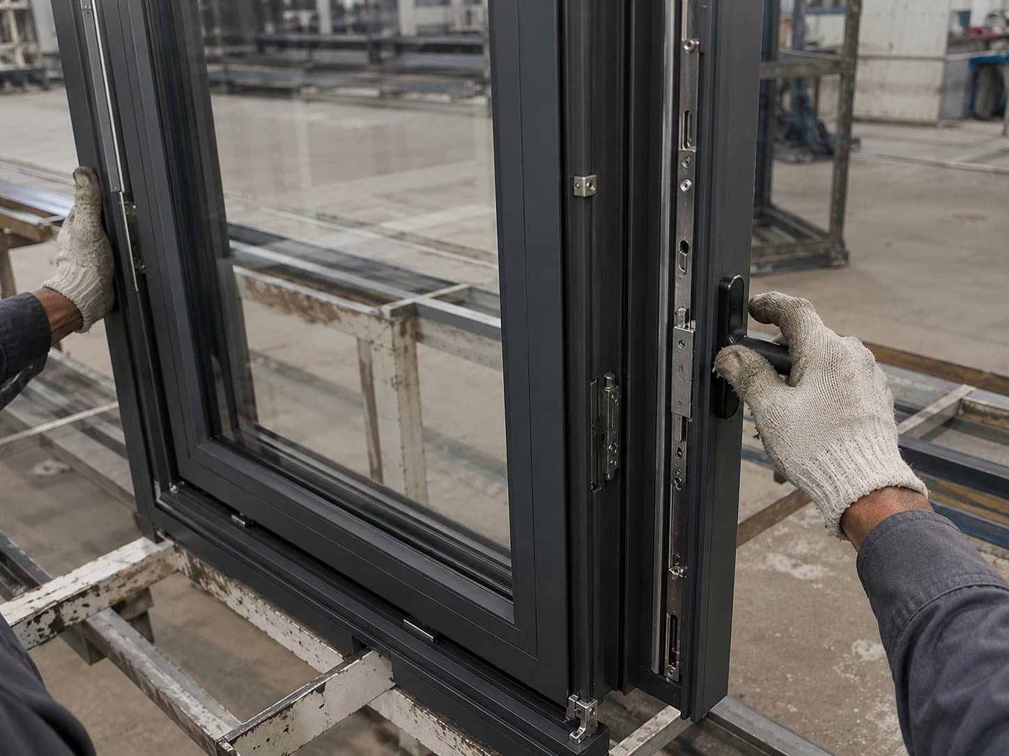 Finished casement window during quality check